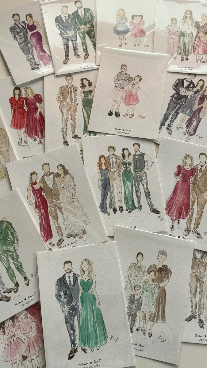 Kilkadziesiąt akwarelowych ilustracji gości rozłożonych po weselu